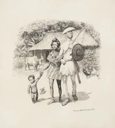 A black family stands before their hut and animals. von William Henry Walker