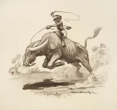 A black man rides a bucking water buffalo, which is tiring, while an American flag flies in the background. von William Henry Walker