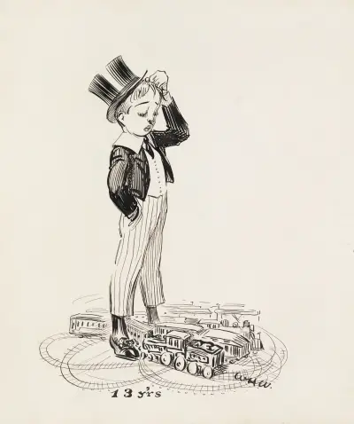 A boy at age 13, puzzled that his toy trains have crashed after having set up the tracks to run in overlapping loops von William Henry Walker