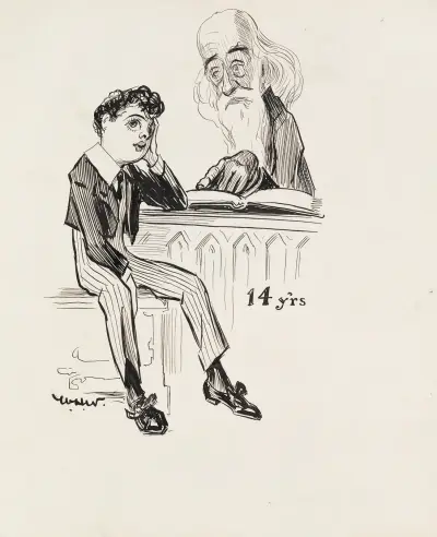 A boy at age 14, staring into space daydreaming while an old man tries to teach him from a book. von William Henry Walker