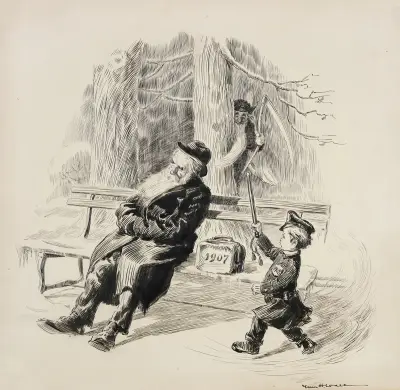 A boy dressed as a police officer, representing 1908, prepares to roust an old man (1907) who is sleeping on a bench. von William Henry Walker