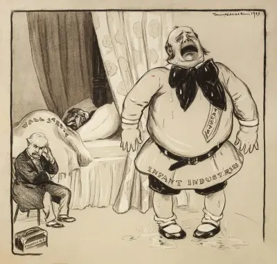 A bulldog representing Wall Street lies sick in bed, tended by J. Morgan represented as a doctor von William Henry Walker
