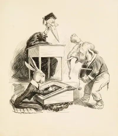 A classroom. The teacher, a stork, is angry at one of his students, an elephant von William Henry Walker
