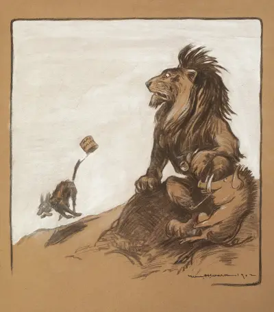 A dog with a can reading ‘Mad Mullah’ runs by, watched by a lion (England) and a boar. von William Henry Walker