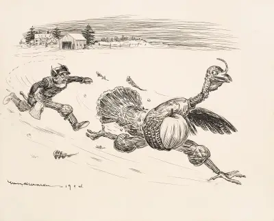 A farmer with an ax chases a giant turkey with a pumpkin under its wing. von William Henry Walker