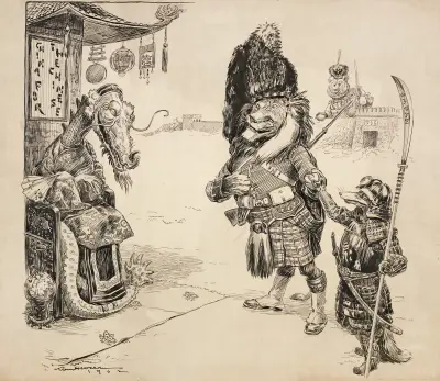A fox (Japan) presents a lion (Great Britain) to a dragon (China) on a throne von William Henry Walker