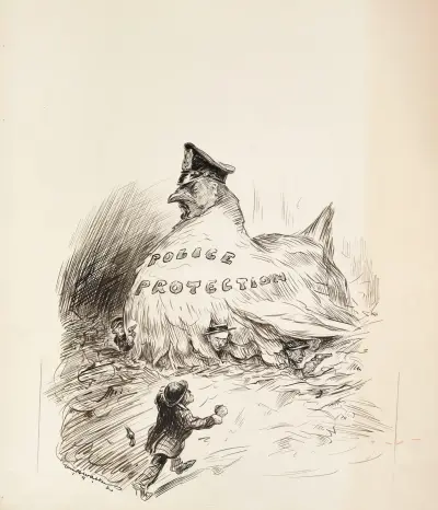 A giant hen representing police protection shelters several criminals under her wings von William Henry Walker