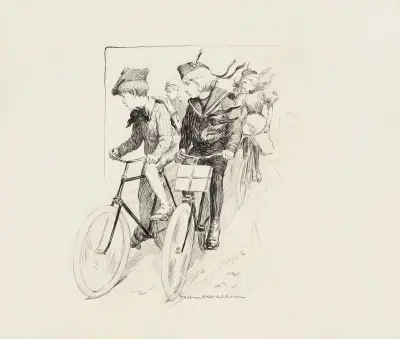 A group of children riding their bikes. von William Henry Walker