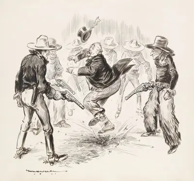 A group of cowboys surround a rich man representing high finance and fire their guns at his feet von William Henry Walker