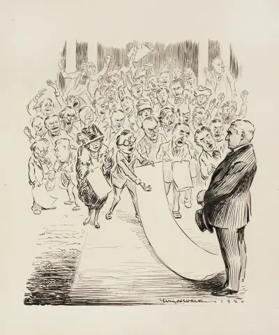 A group of men and women shout and present lists to a man in a suit. von William Henry Walker