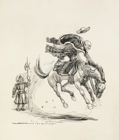 A guard watches surprised as a religious leader, possibly the pope, rides a bucking horse and wears fancy cowboy gear. von William Henry Walker