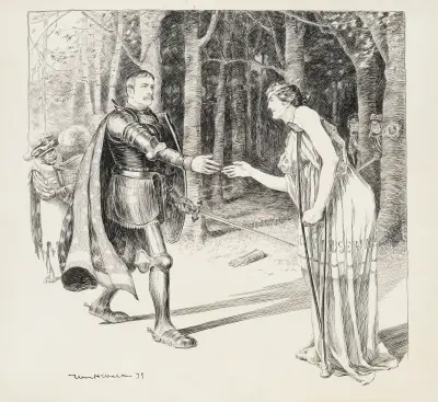 A knight rescues a wounded woman representing the Civil Service. Her would-be attackers lurk in the background. von William Henry Walker