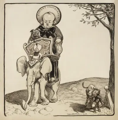 A large child representing Infant Industries and his bulldog representing Wall Street ride on top of the Republican Party elephant von William Henry Walker