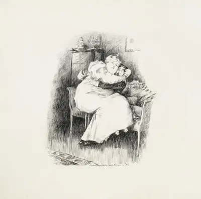 A large woman in white sits on the lap of a smaller man in black who is seated on the edge of a bed. von William Henry Walker