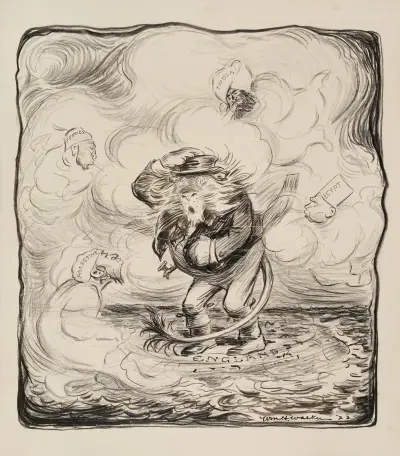A lion (England) caught in a storm created by figures representing Palestine, Turkey, India, and Egypt. von William Henry Walker