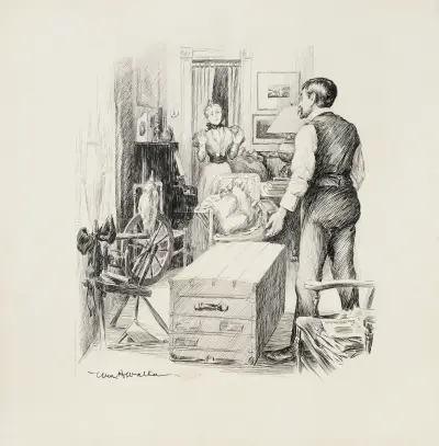 A man confronts a woman standing at a piano in a room with crowded with furniture, including a spinning wheel. von William Henry Walker