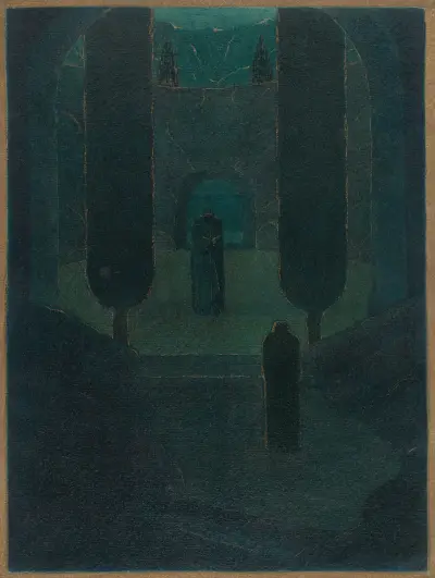 Cloaked Figures in a Dark Garden av Herbert Crowley