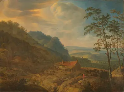 Mountainous Landscape with Farm av Herman Saftleven