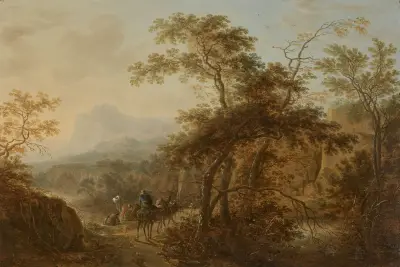 Travellers on a wooded path by a river and bathers in a mountainous landscape av Herman Saftleven