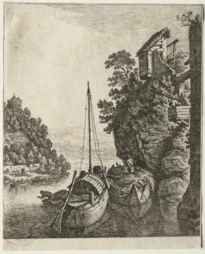 Two Boats moored under a rock av Herman Saftleven