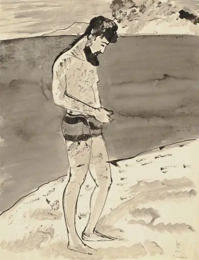 Bärtiger Mann in Badehose an der Côte d’Azur av Hermann Lismann