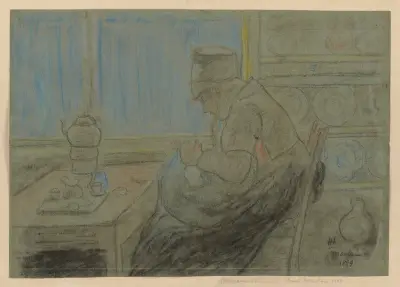 Frau im Profil nach links bei der Handarbeit, in der Küche sitzend av Hermann Lismann