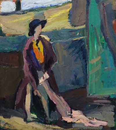 Mädchen mit Pelz auf grünem Grund av Hermann Stenner