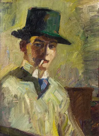 Selbstbildnis mit hohem Hut und Zigarette av Hermann Stenner