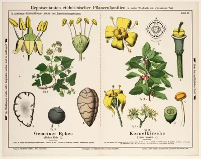 Hedera helix L., Cornus mascula L. ; gewone klimop, gele kornoelje av Hermann Zippel