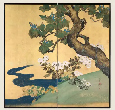 Paulownias and Chrysanthemums, Sakai Hōitsu