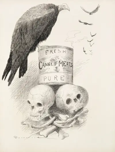 A can of ‘Fresh Canned Meats’ sits on top of human bones. Vultures circle the can, and one sits on it. av Homer Davenport