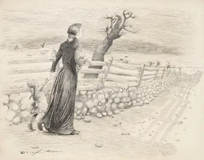 A crying woman carries a baby and leads a young girl, walking along a fence av Homer Davenport