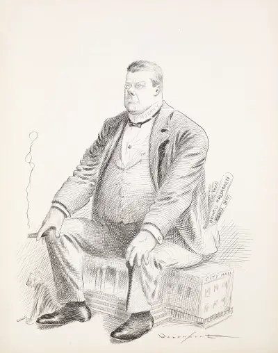 A large man, Murphy, sits on City Hall av Homer Davenport