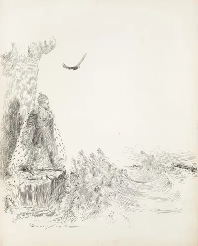A man in a robe with military metals stands on the edge of the water av Homer Davenport