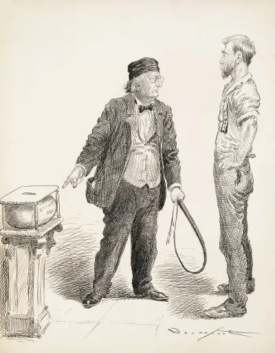 A man in a suit, with a whip in his hand, orders a man representing labor to put his vote in the ballot box. av Homer Davenport