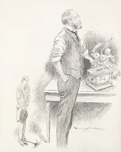 An older man with glasses and sleeves rolled up stands at a table av Homer Davenport