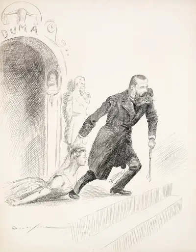 Pyotr Stoylpin, a Russian politician drags a woman representing Liberty by the hair from a building av Homer Davenport