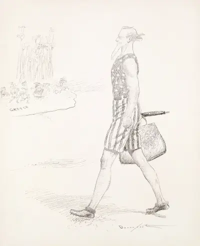 Uncle Sam in a bathing suit walks along a beach av Homer Davenport