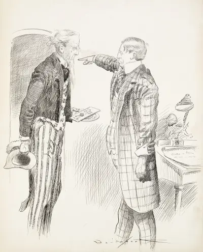 Uncle Sam, with torn clothes and tears in his eyes, tries to offer an invitation to the honorable W.R.H., but is ordered to leave av Homer Davenport