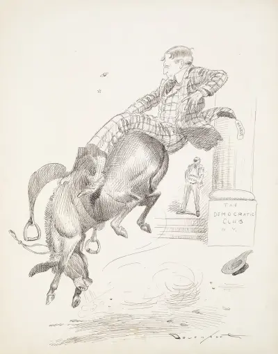 William Randolph Hearst about to fall off of a bucking Democrat donkey in front of the Democratic Club N.Y. av Homer Davenport