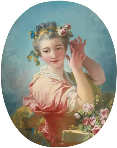 A Young Woman Adorning Her Powdered Coiffure With a Spray of Roses av Jean-Honoré Fragonard