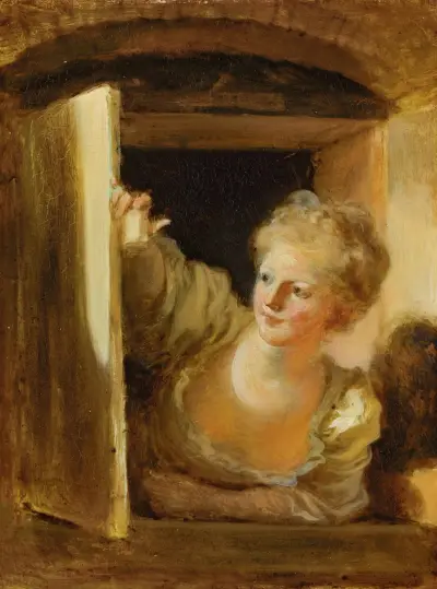 A young woman leaning out of a window von Jean-Honoré Fragonard