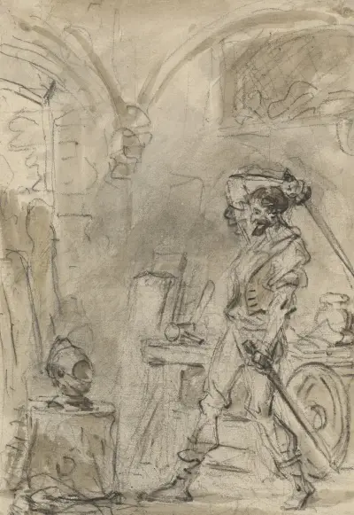 Don Quixote about to Strike the Helmet av Jean-Honoré Fragonard