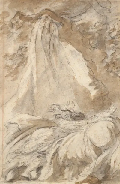 In despair, Olympia throws herself on the bed, illustration for Canto X, verse 27, of Lodovico Ariosto’s ‘Orlando Furioso’ av Jean-Honoré Fragonard