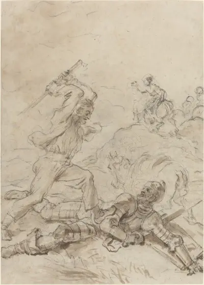 The Muleteer Attacking Don Quixote as He Lies Helpless on the Ground von Jean-Honoré Fragonard