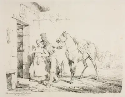 Hussar at the Door of a Cabaret, or Hussar Embracing a Servant av Horace Vernet