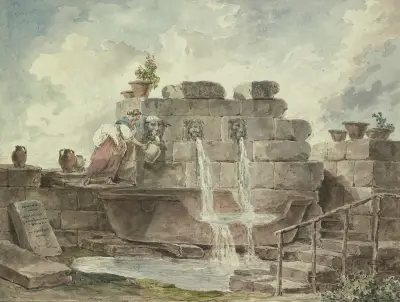 A Roman Fountain with a Woman Collecting Water av Hubert Robert