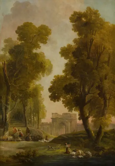 Washerwomen in a landscape, with a group of shepherds before an allée of trees av Hubert Robert