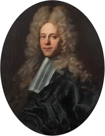 Portrait d’un homme de loi en habit noir à la large perruque av Hyacinthe Rigaud