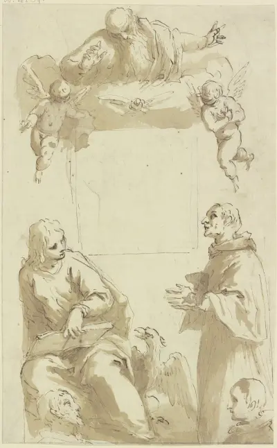 Gottvater mit Taube und Engeln über leerem quadratischem Feld, darunter Johannes der Evangelist und ein anderer anbetender Heiliger sowie die Köpfe von zwei Stiftern av Jacopo Palma il Giovane